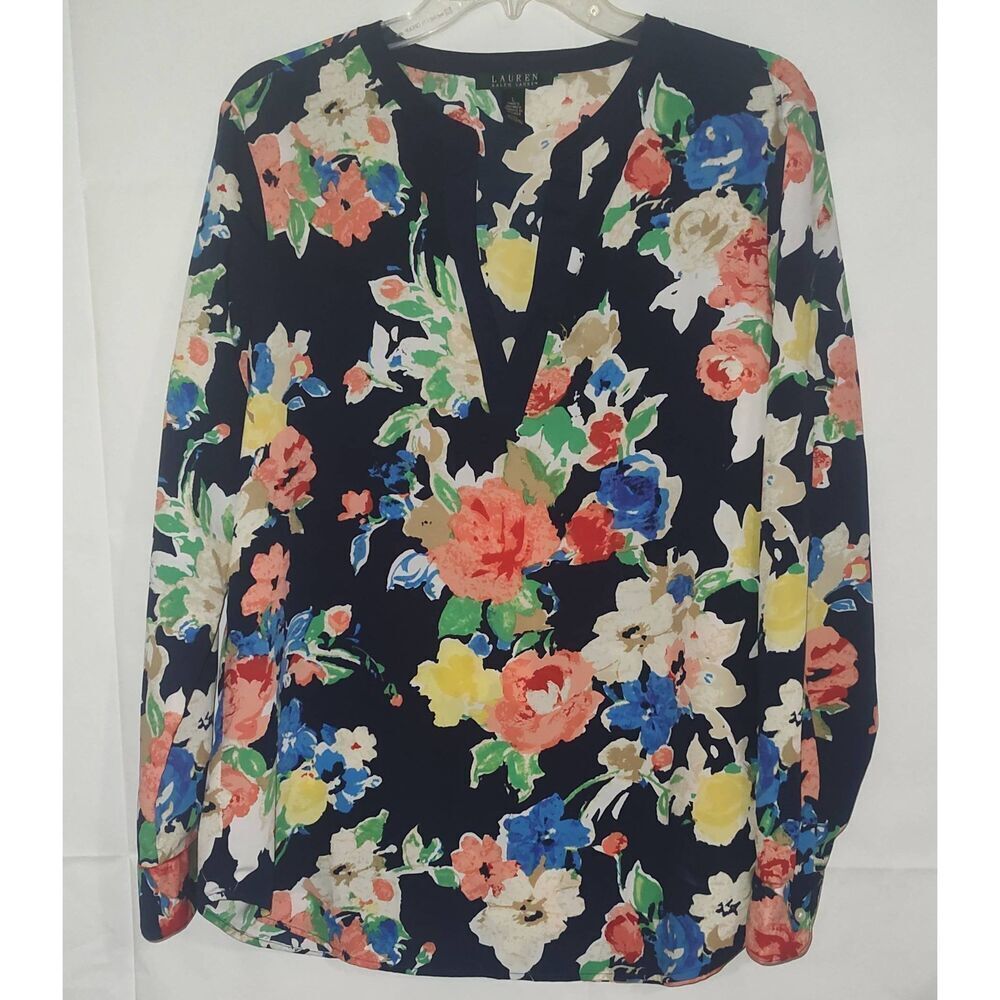 Lauren Ralph Lauren women's V-neck long-sleeve floral blouse in navy blue multic